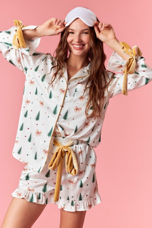 Christmas Tree and Bows Satin Pajama Set - Off White and Gold - Image 6