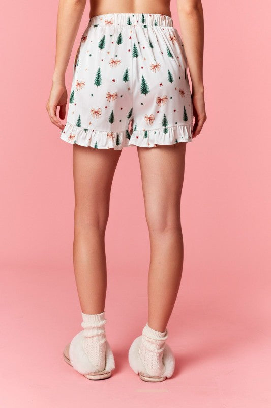 Christmas Tree and Bows Satin Pajama Set - Off White and Gold - Image 9