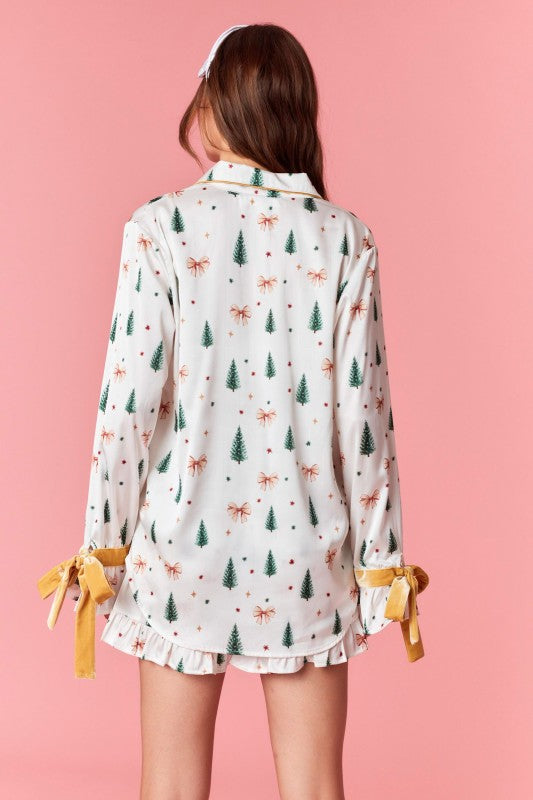 Christmas Tree and Bows Satin Pajama Set - Off White and Gold - Image 7