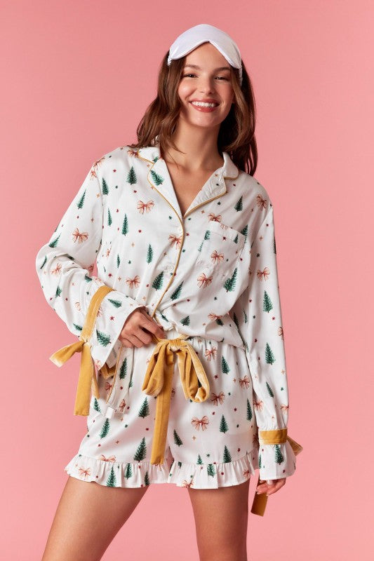 Christmas Tree and Bows Satin Pajama Set - Off White and Gold - Image 5