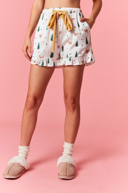 Christmas Tree and Bows Satin Pajama Set - Off White and Gold - Image 8