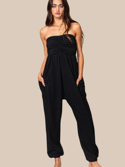On The Move Strapless Jogger Jumpsuit - Black