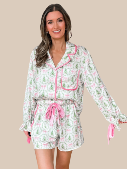 Christmas Tree Bow Satin Pajamas Set - Pink and Green