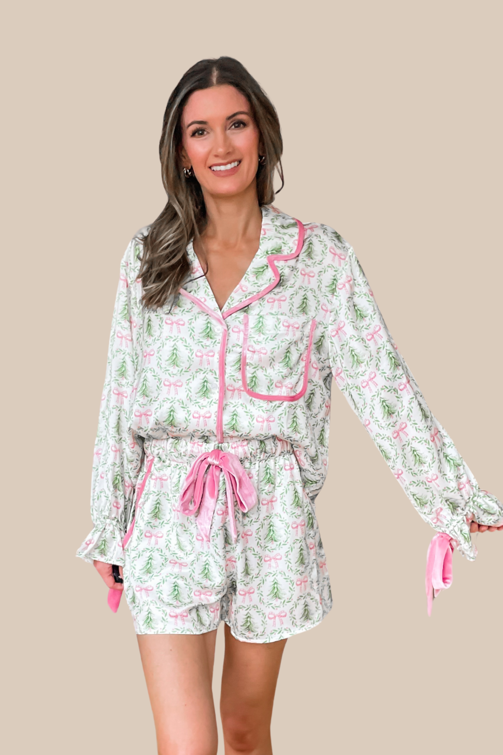 Christmas Tree Bow Satin Pajamas Set - Pink and Green
