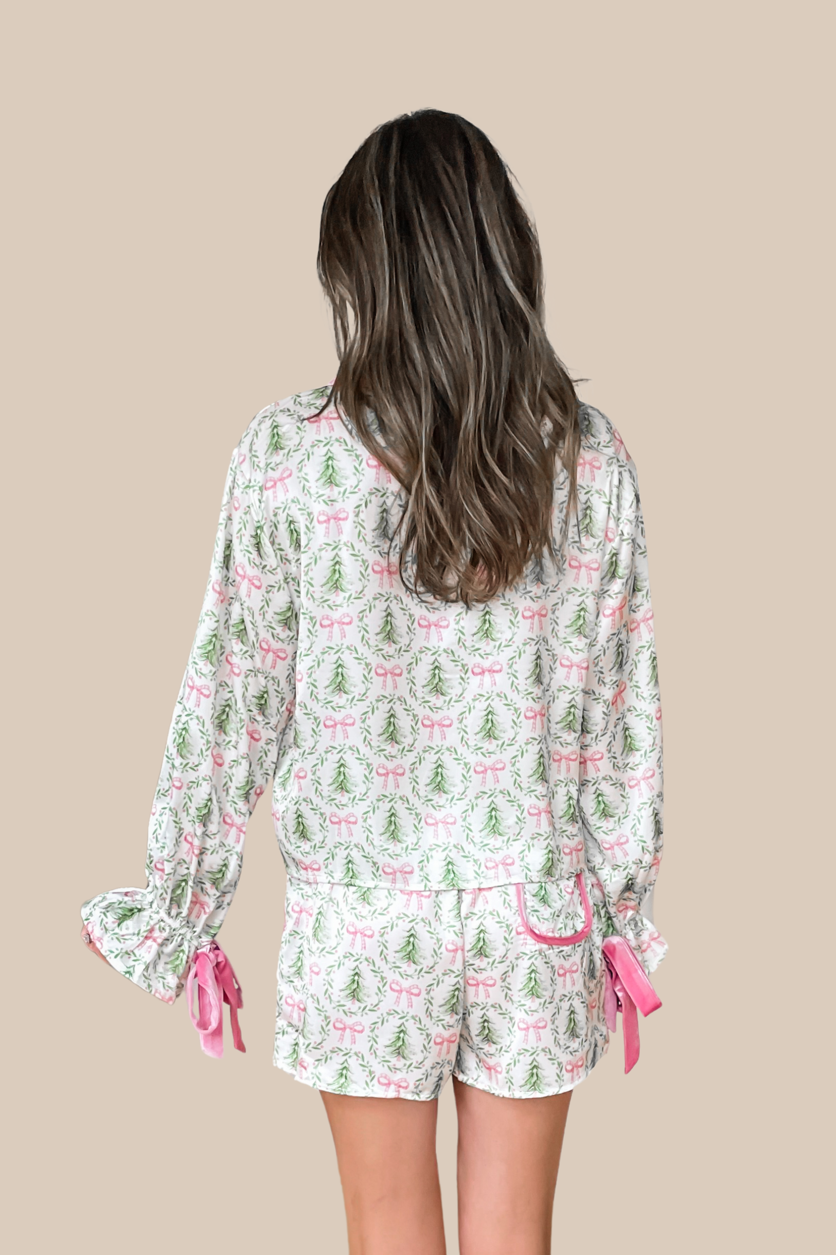 Christmas Tree Bow Satin Pajamas Set - Pink and Green - Image 3