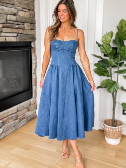Denim Fit & Flare Midi Dress