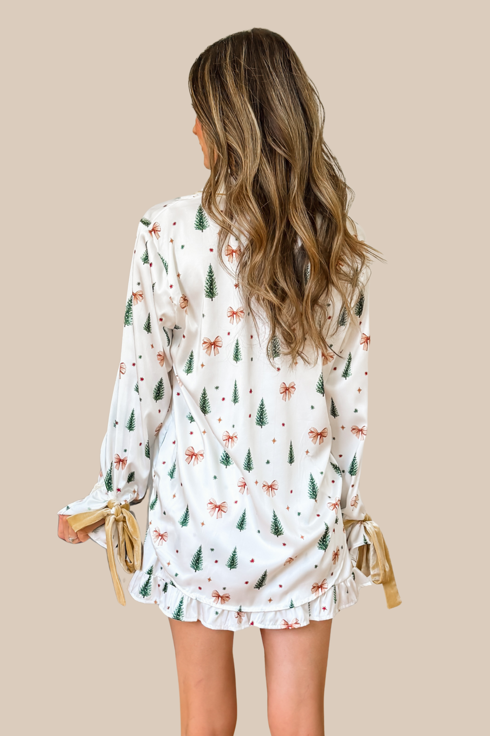 Christmas Tree and Bows Satin Pajama Set - Off White and Gold - Image 3