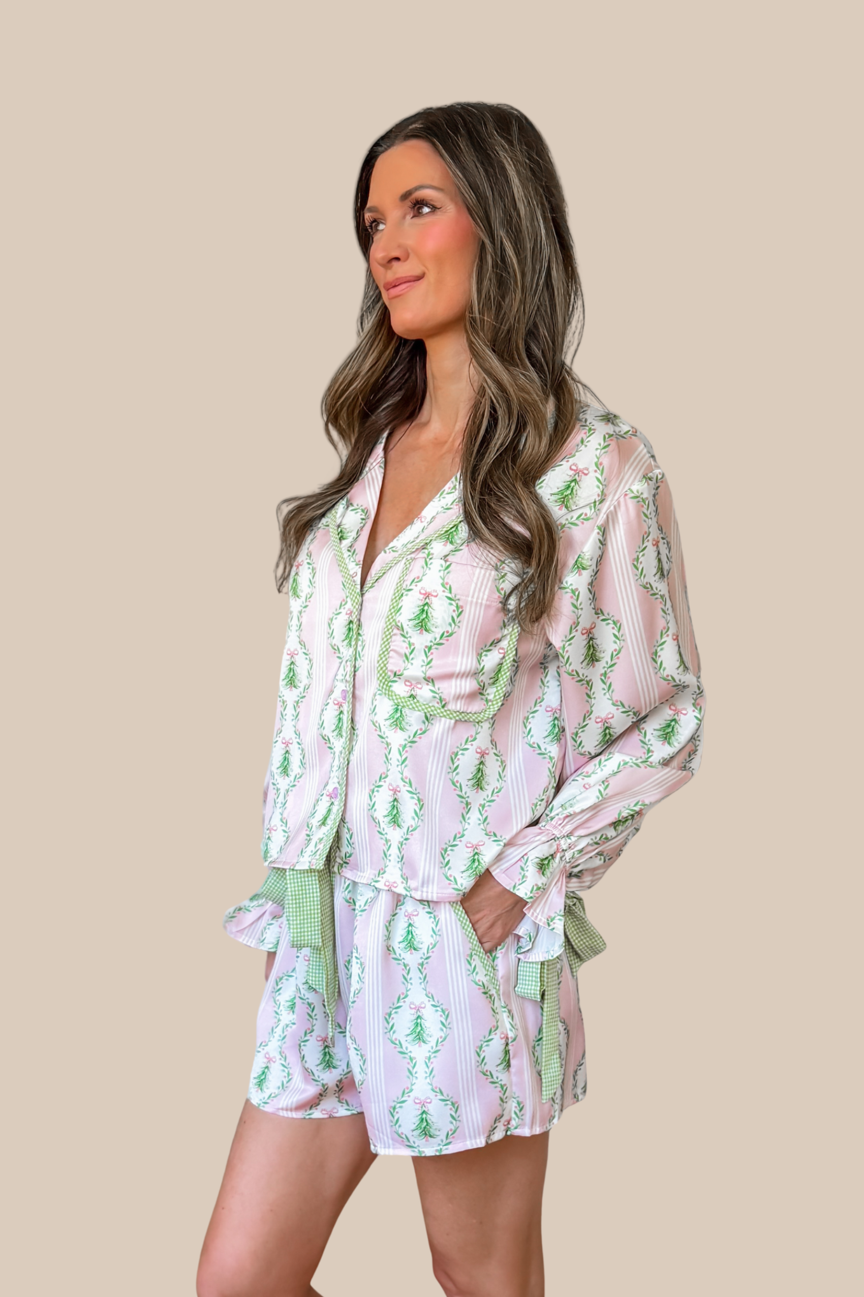 Festive Satin Christmas Tree Pajama Set - Pink and Green - Image 3