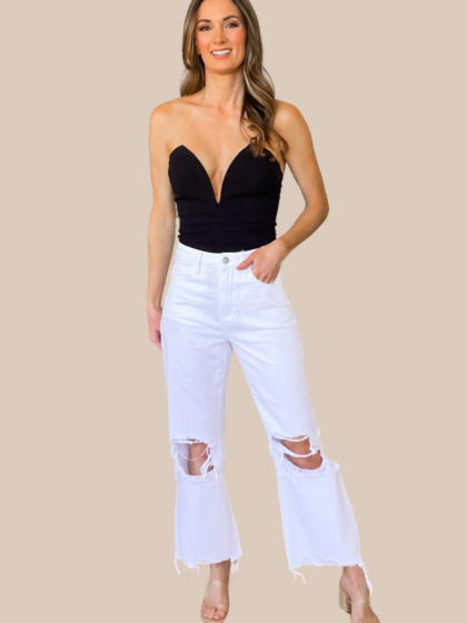 Channing 90's Distressed Crop Flare Jeans - White - SALE